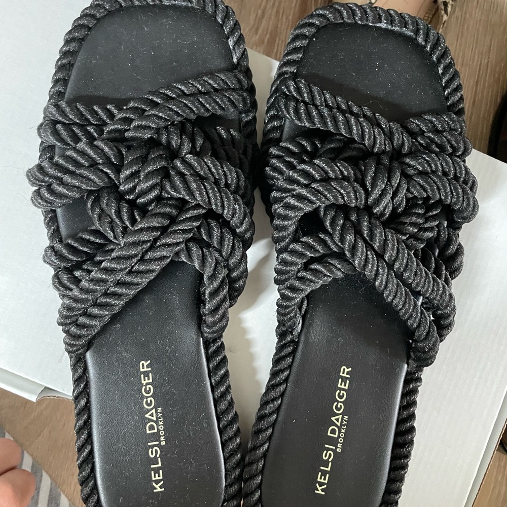 Kelsi Dagger Black Sandals with Braided Rope Design